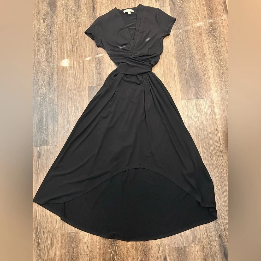 Michael Kors Women’s Black V-Neck High-Low‎ Wrap Midi Dress Size 6 Short Sleeve